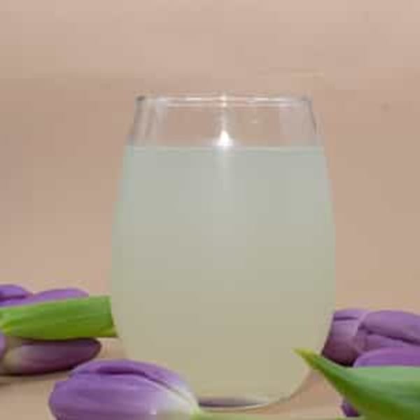 A glass of Caribbean Delight's refreshing lemonade, surrounded by vibrant purple tulips.